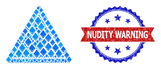 Blue diamond collage warning triangle template icon, and bicolor dirty Nudity Warning stamp. Gemstone related items are arranged into abstract collage warning triangle template icon.
