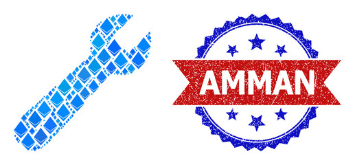 Blue brilliant collage wrench icon, and bicolor unclean Amman seal stamp. Diamond related elements are united into abstract collage wrench icon. Red round seal contains Amman title inside circle.