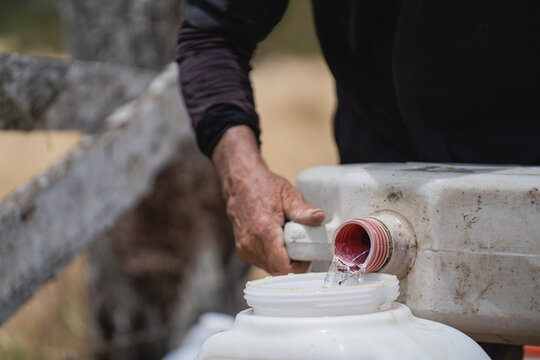 Unknown man pouring water into a fumigation pump