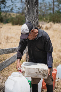 Old man dispensing water in a fumigation pump
