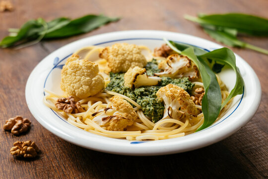 Roasted Cauliflower on Pasta with Wild Garlic Pesto
