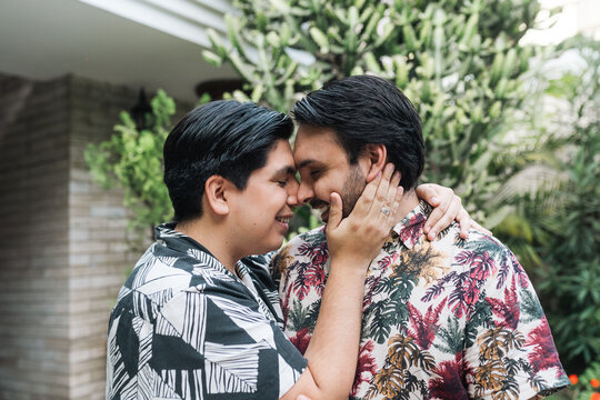 Married gay couple embracing