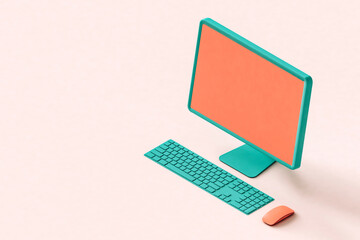 Personal computer on pink background with copy space