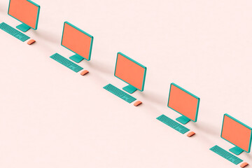 a row of PC's crossing the frame. with copy space