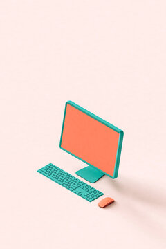 A personal compter on a pink background. 3d render