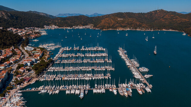 Fethiye, famous marina in Turkey, drone aerial view