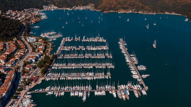 yacht paking in turkey, drone aerial view