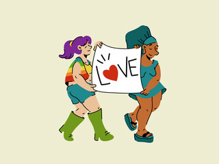 Diverse lesbians carrying Love poster