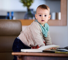 Toddler, desk, looking at camera, standing, chair
