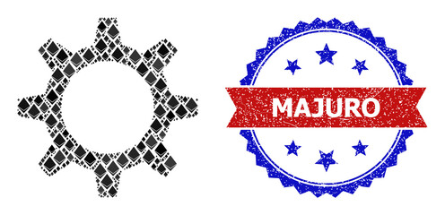 Vector gemstone collage cogwheel icon, and bicolor grunge Majuro watermark. Red round badge has Majuro tag inside circle. Cogwheel collage is organized with brilliant dots.