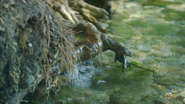 Water is flown into Azmak River in Akyaka town in slow motion. Muğla province, Turkey
