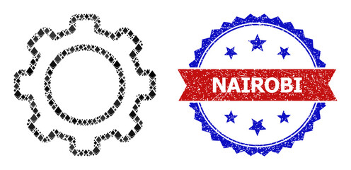 Vector brilliant collage contour gear icon, and bicolor unclean Nairobi seal. Red round stamp seal contains Nairobi title inside circle. Contour gear collage is created with crystal parts.