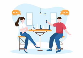 Chess Board Game Cartoon Background Illustration with Two People Sitting Across From Each Other and Playing for Hobby Activity in Flat Style