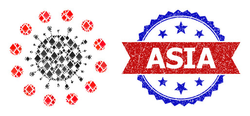 Vector diamond mosaic coronavirus red zone icon, and bicolor dirty Asia seal. Red round stamp includes Asia tag inside circle. Coronavirus red zone mosaic is constructed of diamond dots.