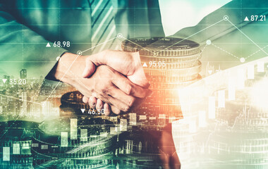Business handshake on finance prosperity and money technology asset background . Economy and...