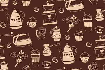 Coffee vintage seamless pattern. Cartoon cup drink, beans and cezve pot. Breakfast cappuccino espresso mug boundless ornament. Linear vector endless design paper scrapbook coffeehouse menu