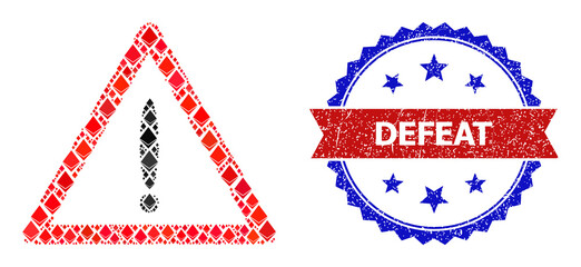 Vector gem mosaic danger icon, and bicolor rubber Defeat seal. Red round stamp seal includes Defeat tag inside circle. Danger mosaic is composed from crystal parts.