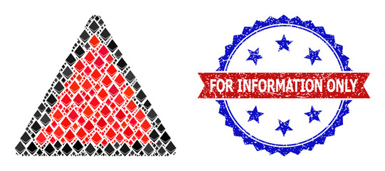 Vector jevel collage danger triangle template icon, and bicolor dirty For Information Only seal. Red round seal includes For Information Only text inside circle.