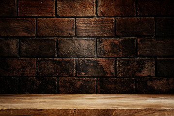 Wooden table with brick dark  background concept for advertising.