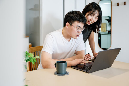 Young couple using computer together at home