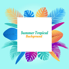 Fototapeta na wymiar Colorful Summer Leaves Tropical Frame Background. Social Media Post Template Vector Illustration