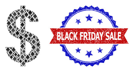 Vector gem mosaic dollar sign icon, and bicolor unclean Black Friday Sale seal. Red round stamp has Black Friday Sale text inside circle. Dollar sign mosaic is formed of gem items.