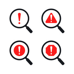 Magnifying glass warning error icon. Vector illustration 