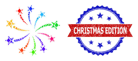 Vector gem collage fireworks festival icon, and bicolor textured Christmas Edition seal. Red round stamp includes Christmas Edition caption inside circle.