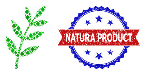 Vector gemstone collage flora plant icon, and bicolor dirty Natura Product seal stamp. Red round stamp seal contains Natura Product title inside circle. Flora plant mosaic is done of brilliant items.