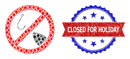 Vector ethereum mosaic forbidden fishing icon, and bicolor scratched Closed for Holiday seal. Red round badge includes Closed for Holiday text inside circle.