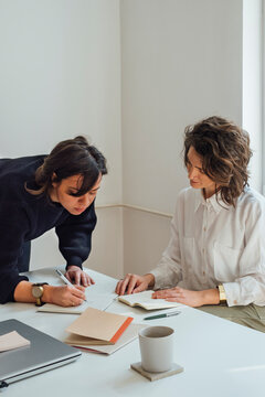 Two Young Women Working Together in Office