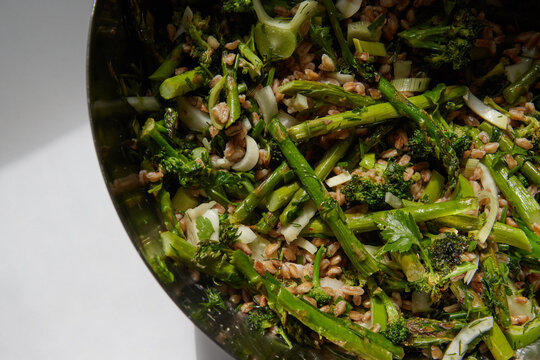 Large Bowl Of Salad With Farro And Asparagus