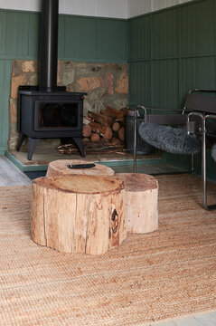 Styled tree stumps used as coffee table