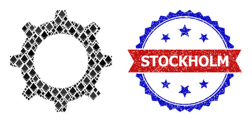 Vector brilliant mosaic gear icon, and bicolor dirty Stockholm stamp. Red round stamp contains Stockholm title inside circle. Gear mosaic is composed of gem dots.