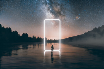 Silhouette of a man about to go through a luminous door