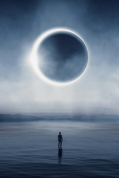 Man contemplating a solar eclipse