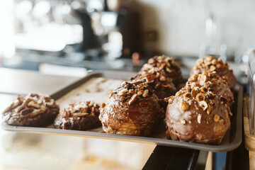 Chocolate dessers on a bakery counter