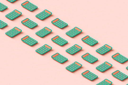 rows of green and pink calculators