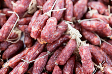 Cantonese sausage is bundled into a string