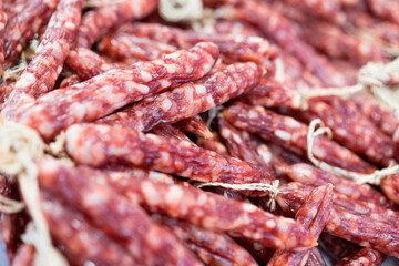 Cantonese sausage is bundled into a string