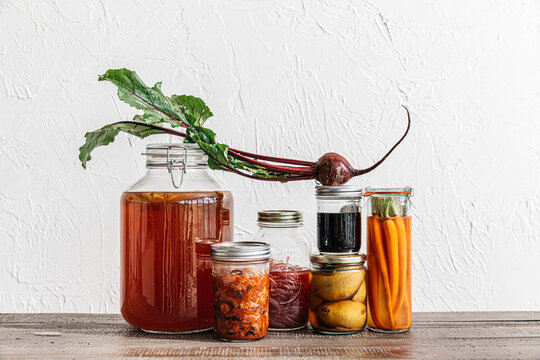 Still life of fermented healthy food with copyspace