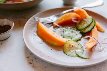 A summer melon and cucumber salad. 