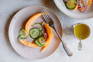 A summer melon and cucumber salad. 