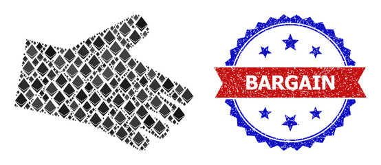 Vector brilliant collage hand icon, and bicolor scratched Bargain seal stamp. Red round stamp includes Bargain tag inside circle. Hand mosaic is made from gem dots.