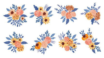 Vintage flower and blue leaf arrangement watercolor collection