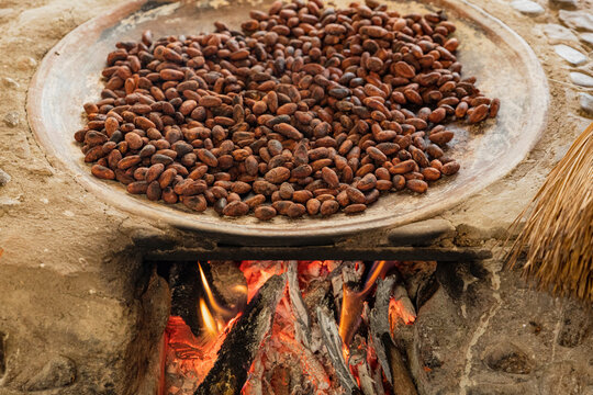 Cocoa beans roasting on a comal with the intense fire below