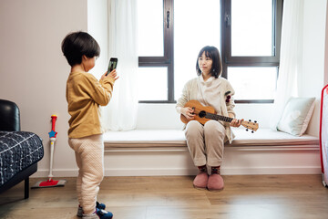 Mother and son at home