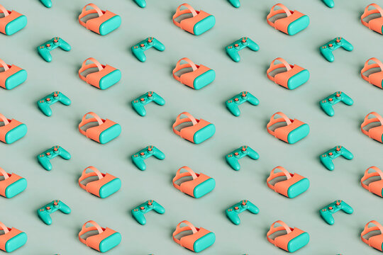 pattern of vr headsets and video game controllers