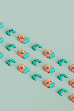 rows of videogame controllers and vr headsets