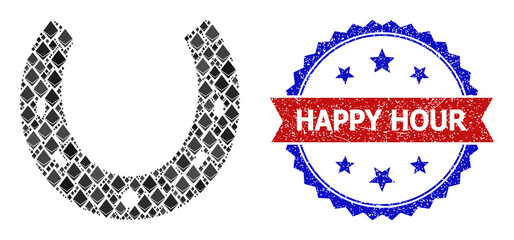 Vector jevel mosaic horseshoe icon, and bicolor scratched Happy Hour seal. Red round stamp contains Happy Hour text inside circle. Horseshoe mosaic is created with diamond items.